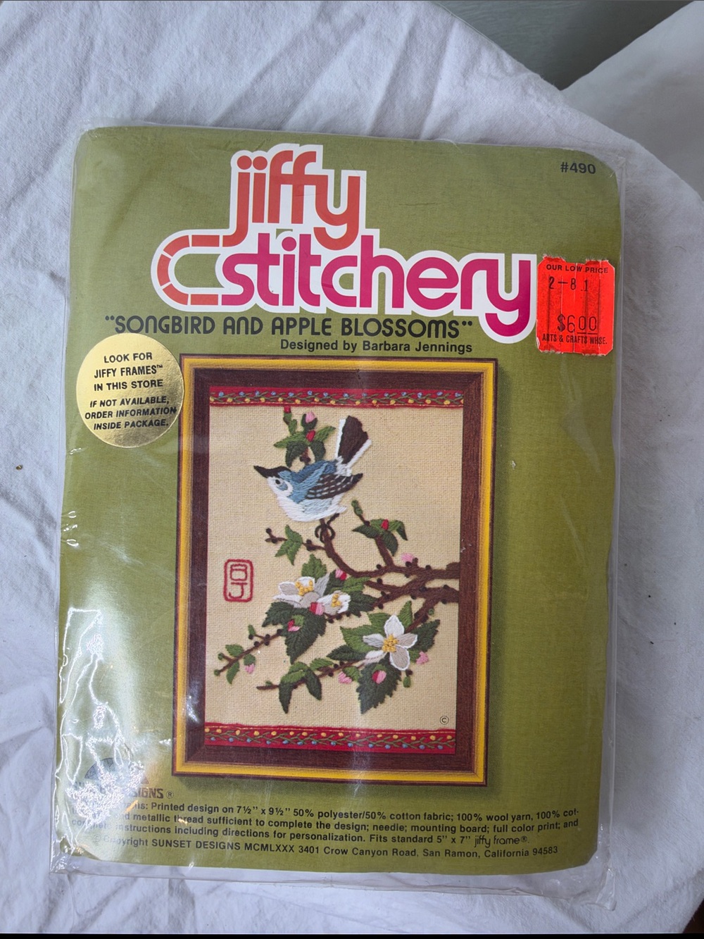 Jiffy Stitchery Crewel Embroidery Kit (#490) titled "Songbird and Apple Blossoms